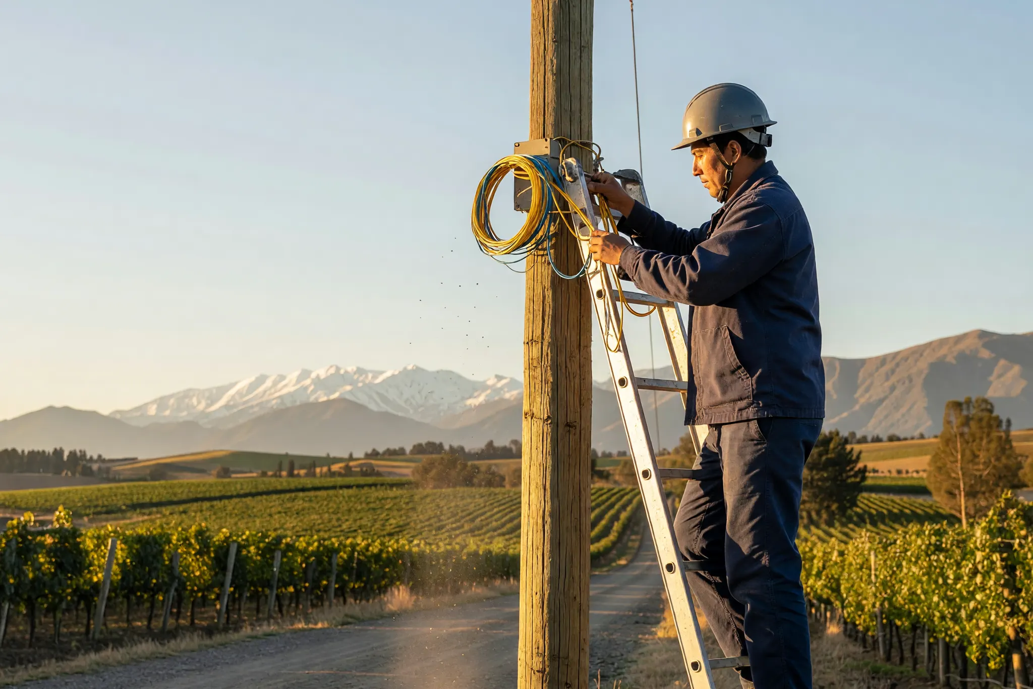 Técnico instalando fibra óptica en un poste junto a viñedos